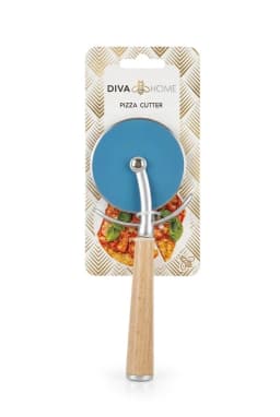 قطاعة بيتزا ستانلس ستيل زرقاء بحماية معدنية فضية ويد خشب بني فاتح، على خلفية بيضاء. - view 1
