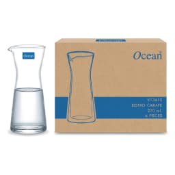 إبريق زجاج شفاف بفتحة صب بجانب صندوق كرتون بني عليه رسم لإبريق وعبارة '6 PIECES 270 ml'. - view 1