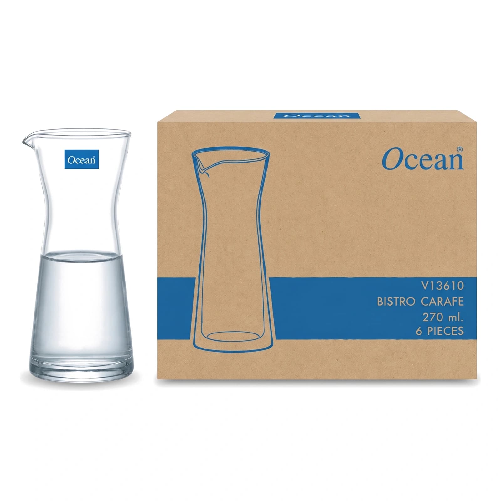 إبريق زجاج شفاف بفتحة صب بجانب صندوق كرتون بني عليه رسم لإبريق وعبارة '6 PIECES 270 ml'.