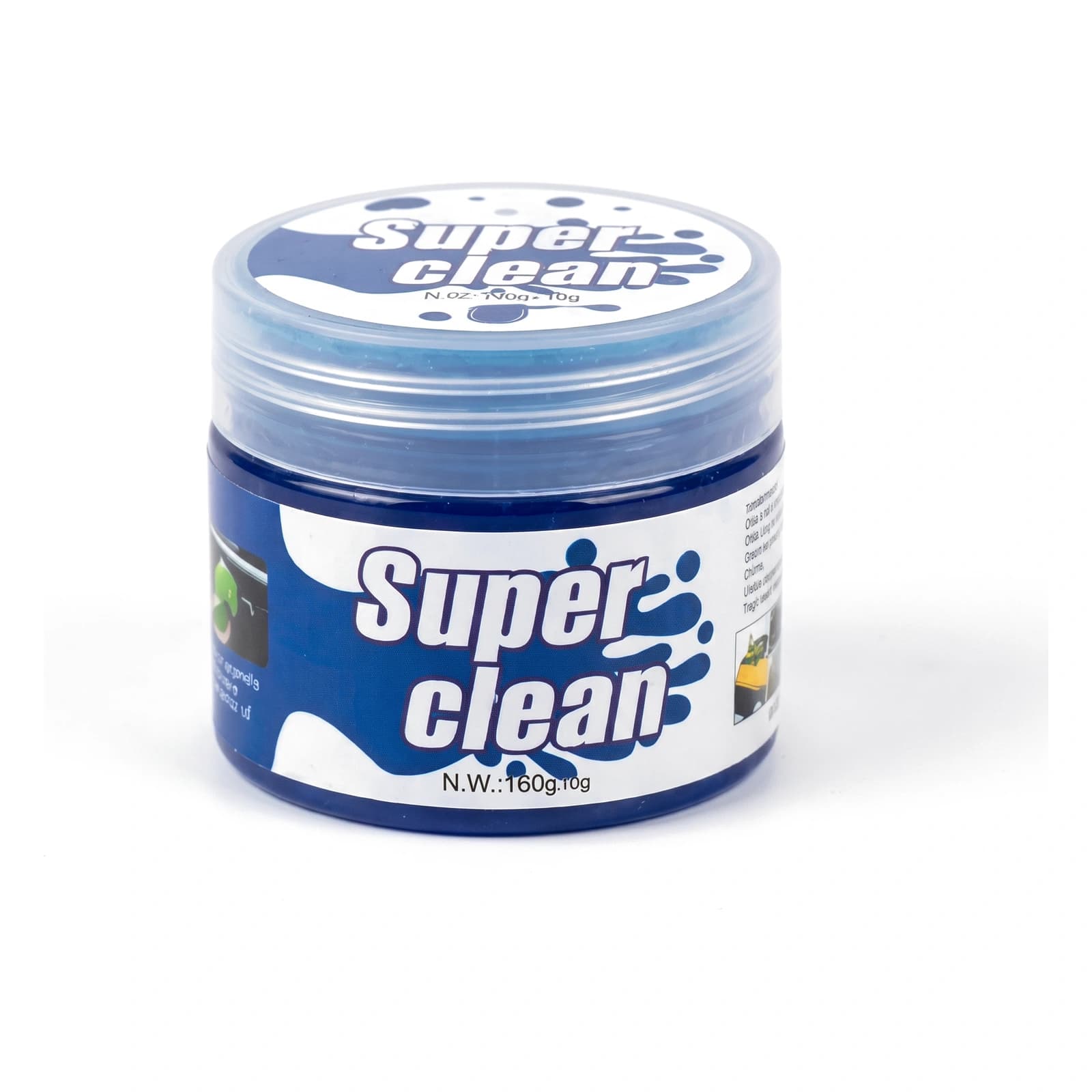 جل تنظيف أزرق في برطمان بلاستيك شفاف عليه ليبل أزرق وأبيض مكتوب عليه 'Super Clean' بوزن 160 جرام على خلفية بيضاء.