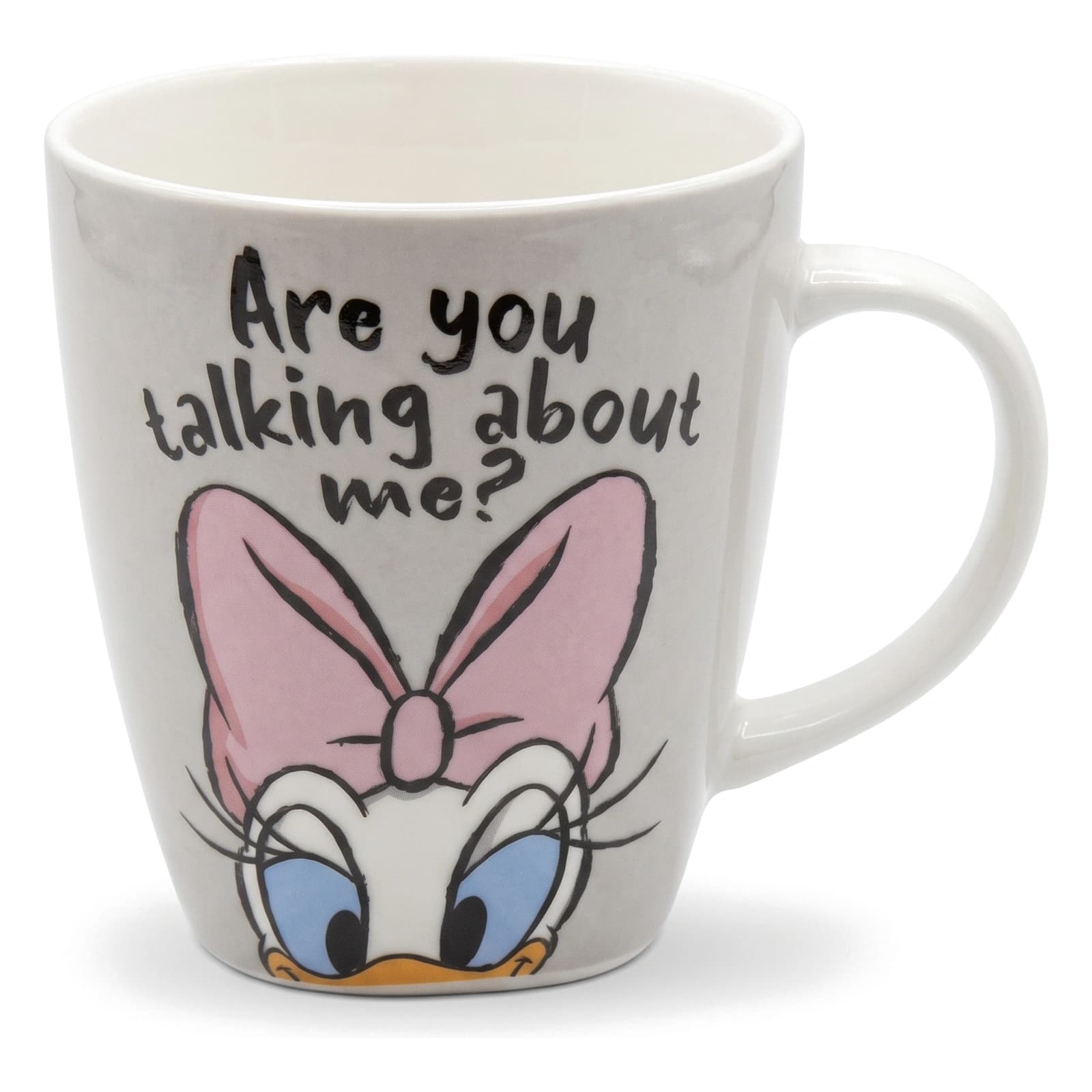 كوب سيراميك أبيض بتصميم شخصية كرتونية بفيونكة وردي وعبارة "Are you talking about me؟" على خلفية بيضاء.