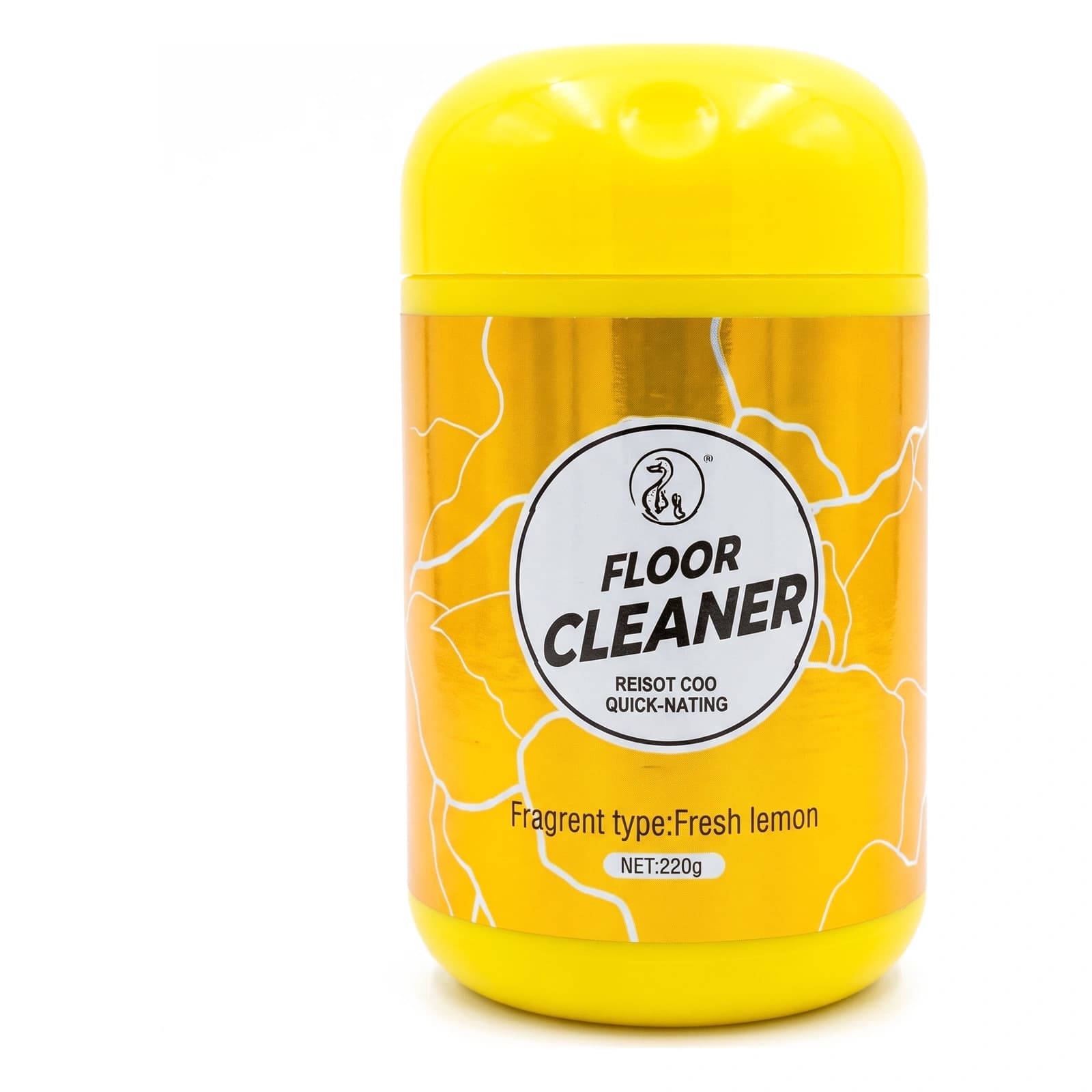 عبوة منظف أرضيات صفراء وذهبية بملصق أبيض مكتوب عليه 'FLOOR CLEANER' ورائحة ليمون منعشة، وزن صافي 220 جرام.