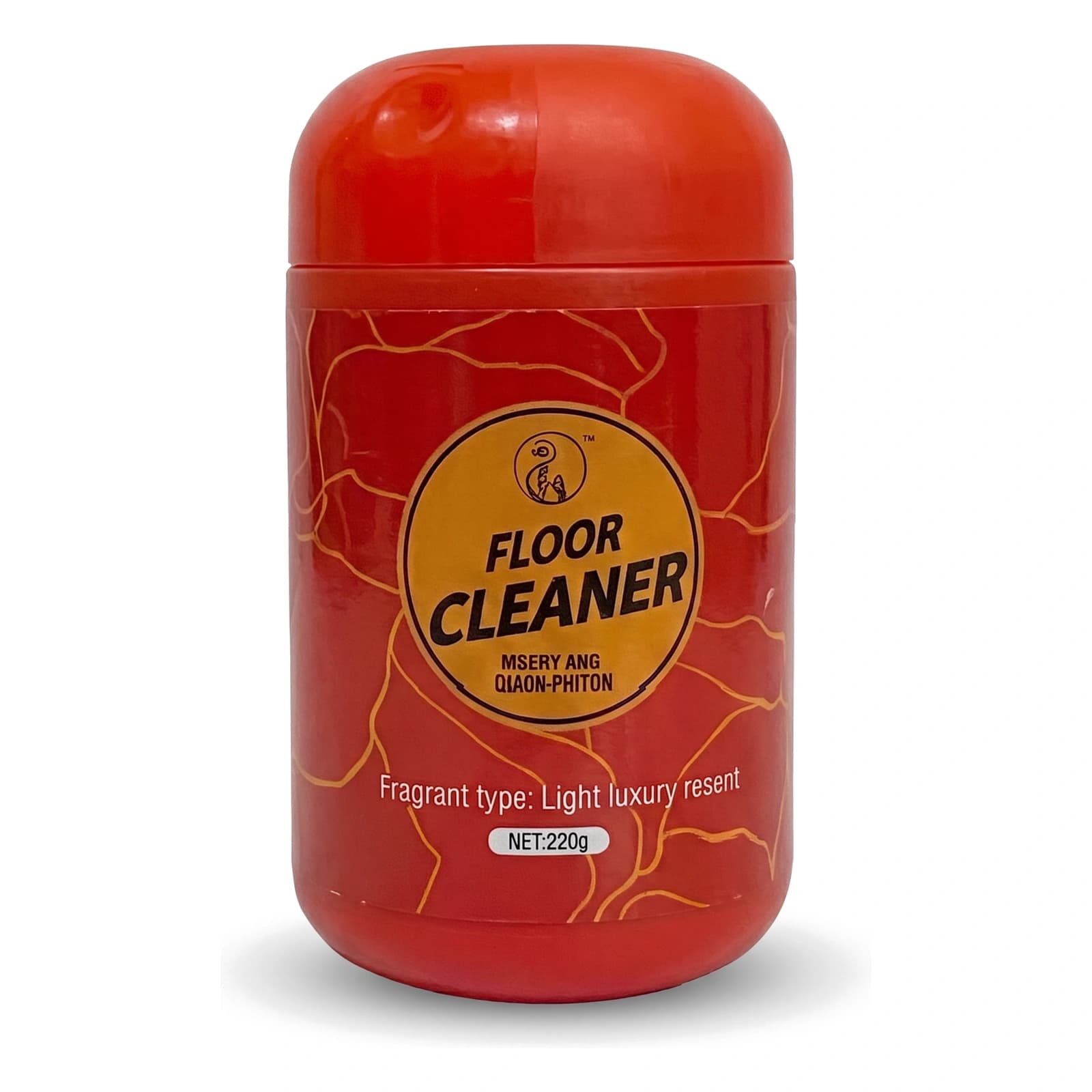 عبوة بلاستيكية حمراء أسطوانية لمنظف أرضيات بودرة، عليها ليبل أصفر مكتوب عليه 'FLOOR CLEANER' و 'NET 220g' على خلفية بيضاء.