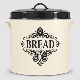 صندوق خبز معدن كريمي بغطاء أسود وكلمة 'BREAD' مزخرفة على خلفية بيضاء - view 1